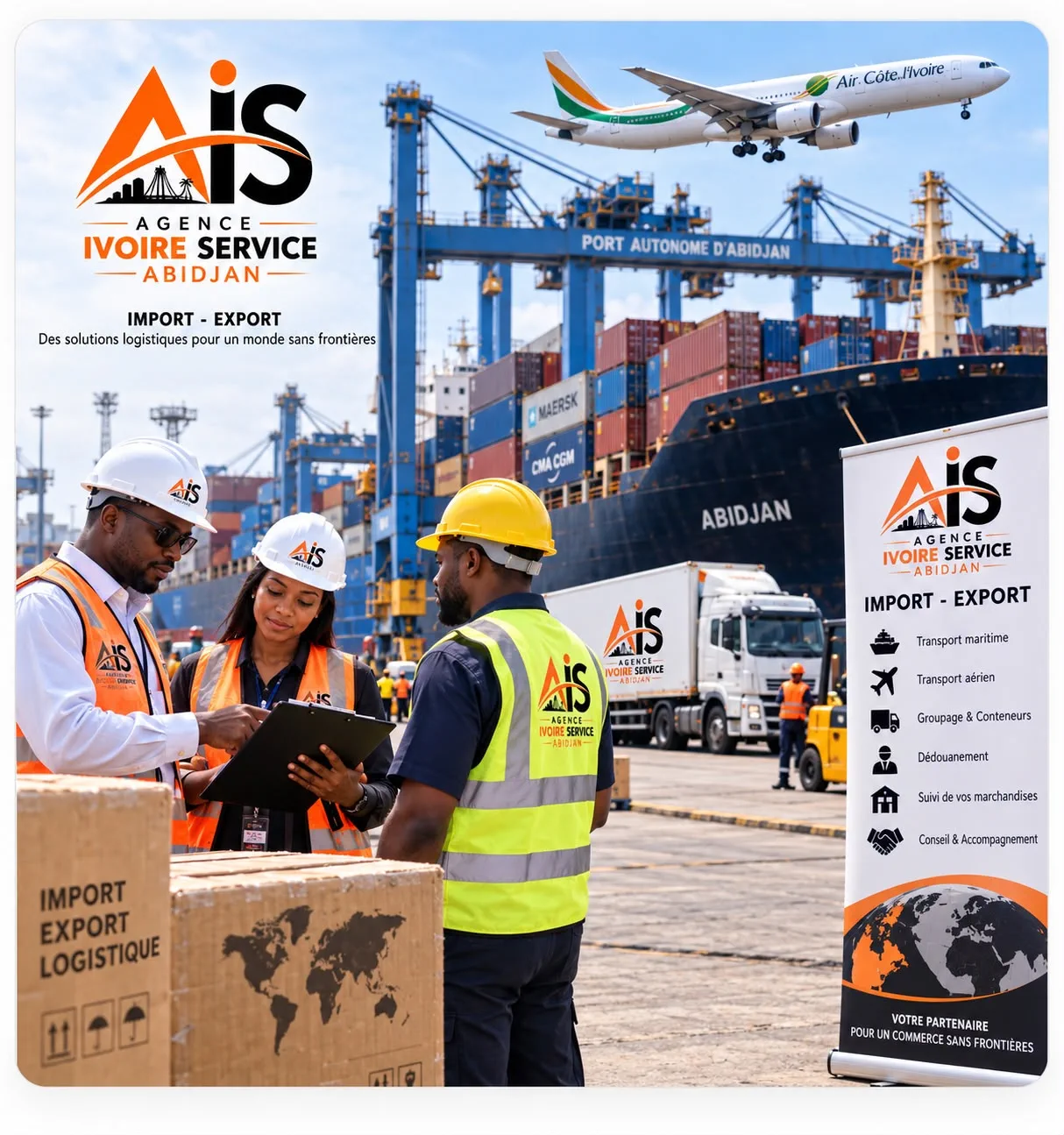 Équipe Agence Ivoire Service coordonnant des opérations d'import-export au port d'Abidjan, avec conteneurs, navire et camion en arrière-plan