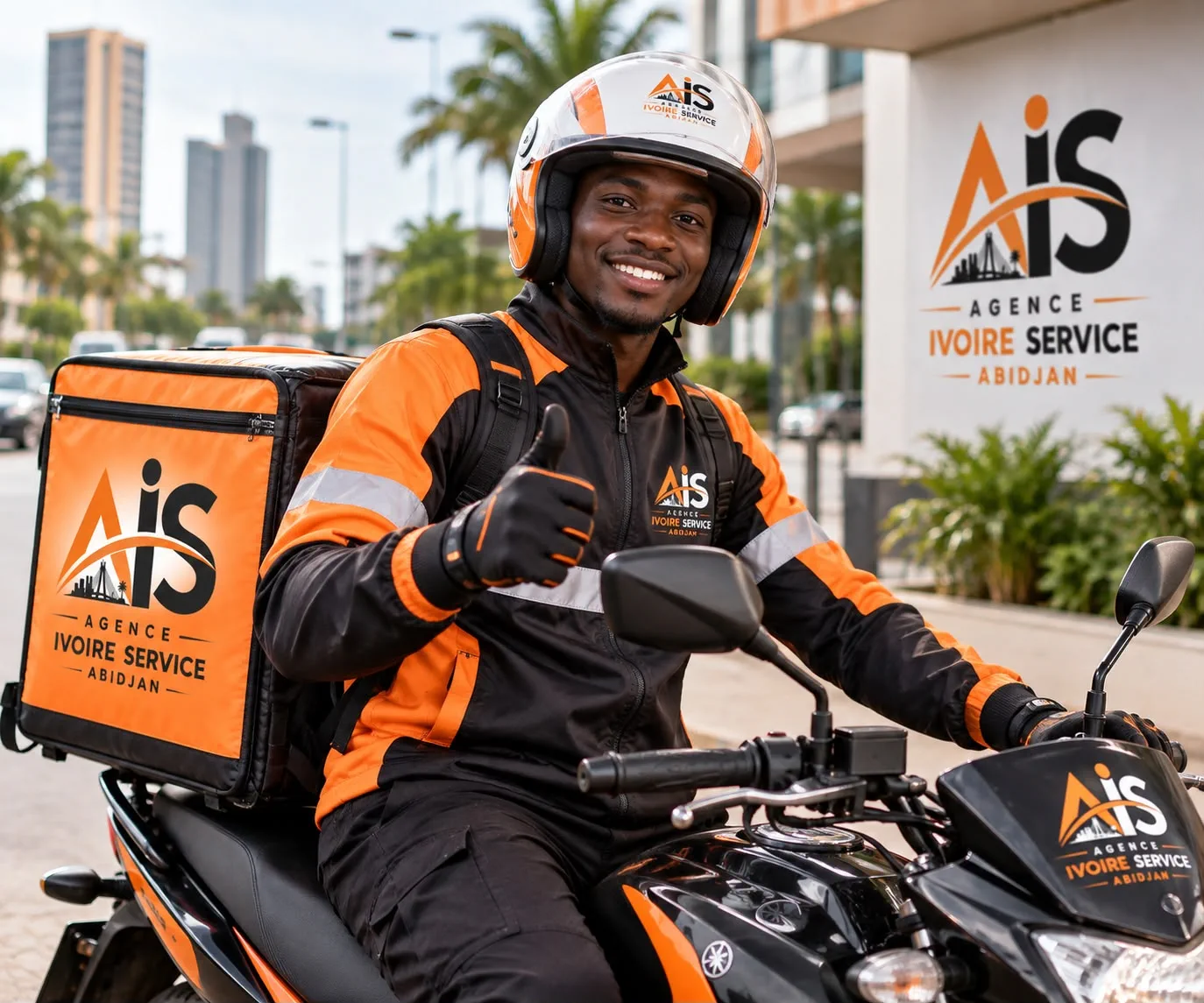 Livreur à moto Agence Ivoire Service avec la skyline et le pont d'Abidjan en arrière-plan