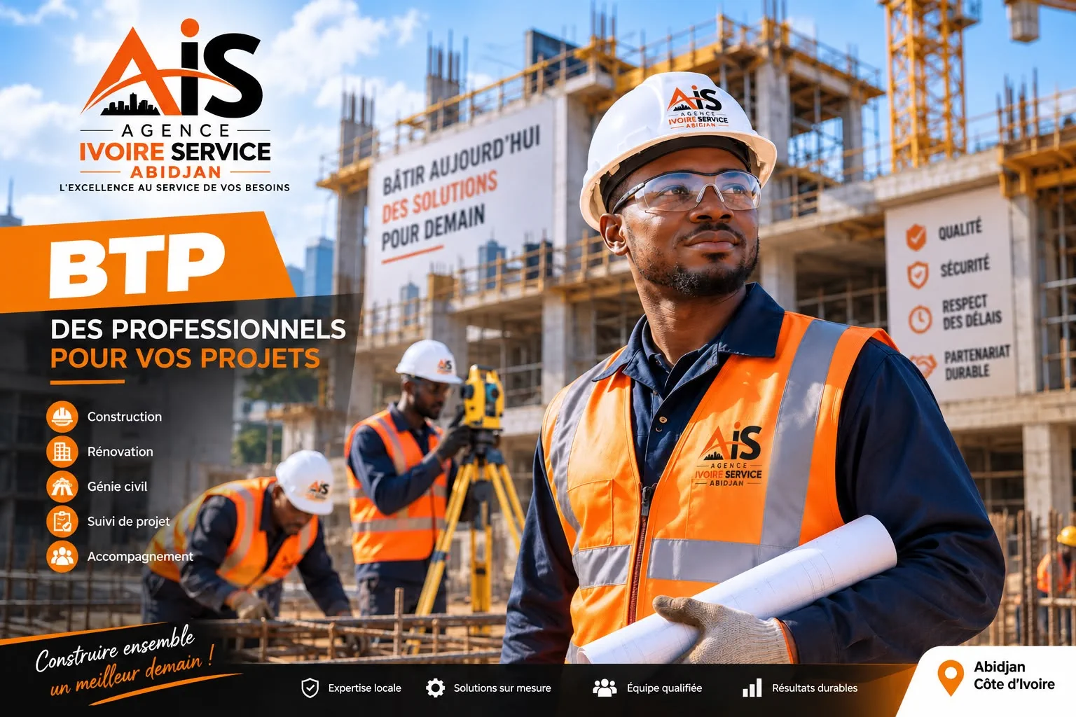 Professionnels Agence Ivoire Service Abidjan en casque et gilet de sécurité sur un chantier de construction