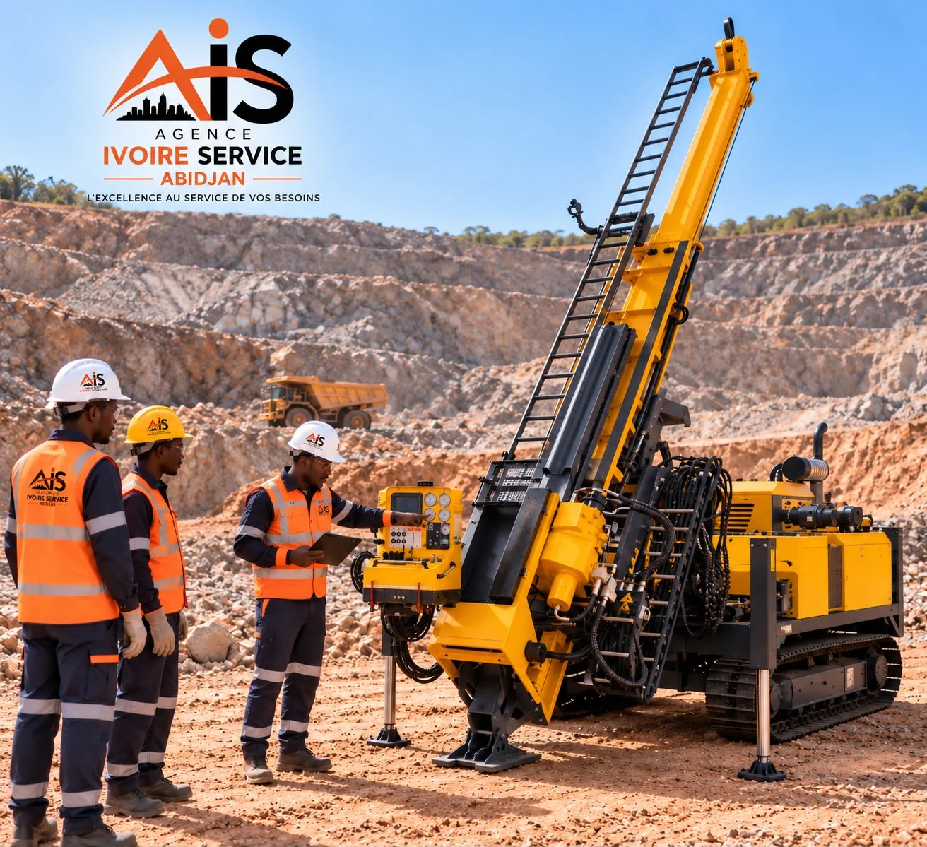 Machine de forage minier avec son mât, ses chenilles et des techniciens Agence Ivoire Service Abidjan en tenue de sécurité sur une carrière
