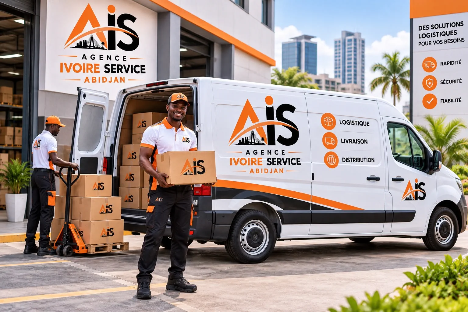 Livreurs Agence Ivoire Service chargeant des colis dans un fourgon logistique aux couleurs AIS à Abidjan